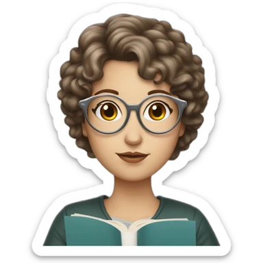 white girl with round silver glasses and really short brown curly hair reading a book sticker