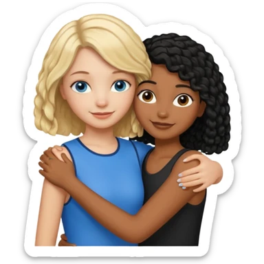 Girl best friends: one white girl with straight blond bob and blue eyes, one shorter black girl with long black curly hair, hugging sticker