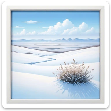 Cinematic Realistic Tundra Emoji in a wooden frame, Vast and cold, with wide expanses of snow-covered ground, sparse grasses poking through, and the occasional hardy shrub breaking up the pale white landscape. The sky above is a pale, frosty blue, and the light reflects off the snow, creating a serene yet starkly beautiful environment. Soft glowing outline, capturing the essence of a quiet, still, frozen wilderness where life endures despite the harsh conditions. sticker