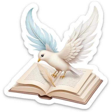 Create a delicate and poetic emoji representing poetry. The design should feature several elegantly flying pages with short poetic columns written on them. The pages should appear light and flowing, almost as if being carried by the wind. Include one white feather, gently resting on the pages, symbolizing creativity and inspiration. Use soft, pastel tones to give it a dreamy, artistic feel. The design should feel ethereal and whimsical, capturing the essence of poetry. Make the background transparent. sticker