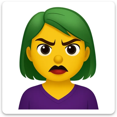 Create an emoji style image of a girl with green hair, angry expression, brown eyes, and lipstick blended with black and red. sticker