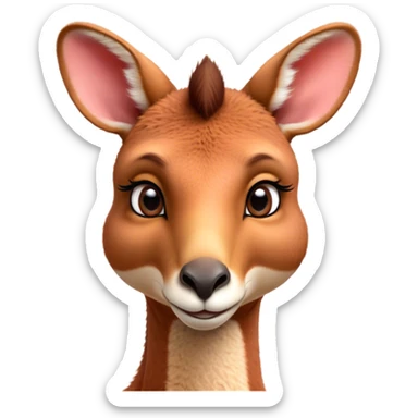 Cinematic Cute Adult Red Kangaroo Portrait Emoji, Head tilted playfully and inquisitively, showcasing a charming, robust build with soft reddish fur and a uniquely camel-like head featuring a gentle, elongated snout and rounded ears, with large, sparkling eyes full of wonder, Simplified yet irresistibly adorable features, highly detailed, glowing with a warm, friendly glow, high shine, affectionate and lively, stylized with a touch of outback whimsy, soft glowing outline, capturing the essence of a mischievous yet loving kangaroo that seems as if it could hop out of the screen into your arms! sticker