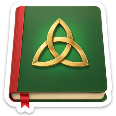 a green closed book with a golden triquetra on it with a red ribbon between the paged sticker