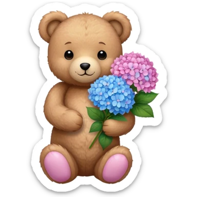 light brown teddy bear holding a pink and blue hydrangea bouqet sticker