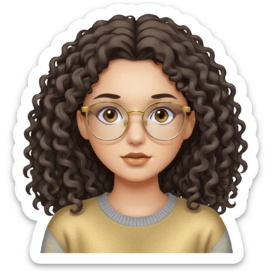 aesthetic white girl with dark brown, long curly hair and black eyes  , light grey sweater top and gold glasses sticker