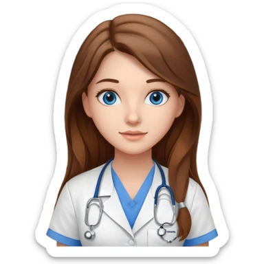 inside a classroom at university that says nursing school on the board with a pretty female nursing student with long brown hair, blue eyes sticker