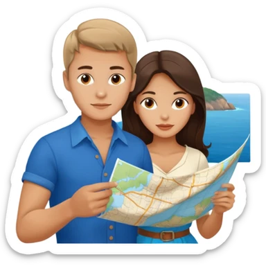 Russian young man and elegant fair-skinned Latina girl in costal outfits with a map planning  sticker