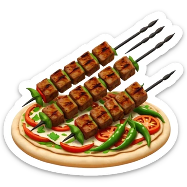 Adana kebab object icon, spicy grilled minced meat skewer, served on flatbread, grilled tomatoes and green peppers on the side, smoky char marks, juicy texture, 3D cartoon, mobile game icon style, centered, clean background, no text, no watermark
 sticker