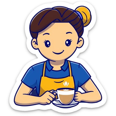 Cute brunette barista girl with hair in a bun wearing yellow shirt and dark blue apron, she's relaxed and making latte art, smiling at the coffee cup sticker