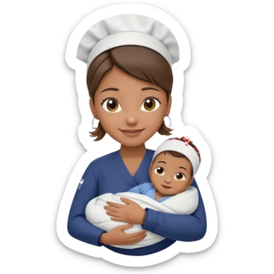 Female nurse smiling with her hair tied up in a roll on the top front of head with medium brown skin and brown eyes holding one new born with navy blue short sleeves sticker