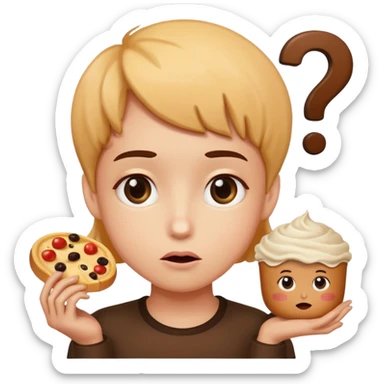 Draw an emoji where a person thinks with a question mark in front of food (draw it in a cuter way) sticker
