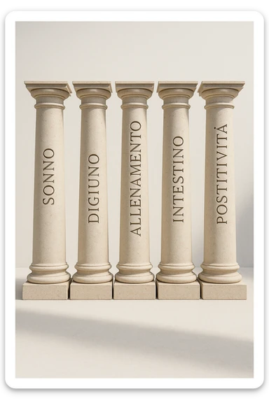 5 pilastri con le scritte "SONNO", "DIGIUNO", "ALLENAMENTO", "INTESTINO", "POSITIVITà" IMMAGINE IPERREALISTICA SFONDO CHIARO IN ITALIANO sticker