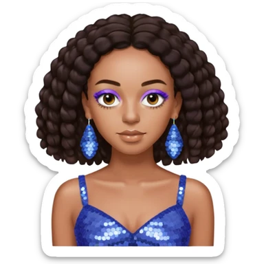 Solange with dark brown long hair, periwinkle sequin crop top, periwinkle earring sticker