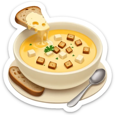 cheese soup with garlic, and cubes of dry dark bread in bowl sticker