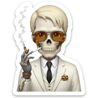 cinematic realistic - steampunk Megadeth - a gentleman in a white suit that smokes, has a skull instead of a head, wears rusty metal glasses with chains sticker