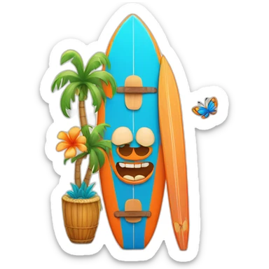 Cartoon Blue and orange smiling tiki with butterfly and surfboard sticker