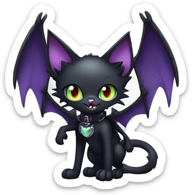   cool edgy kawaii anime-style ethereal dark-punk-themed animal vampiric cat-hybrid Fakemon with fangs and bat-wing-ears with a collar full body sticker