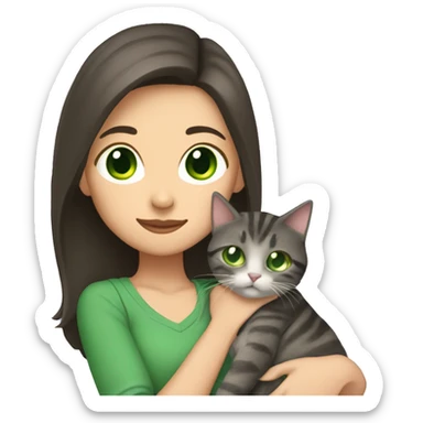 A woman with long dark brown hair and green eyes holds a gray tabby cat with green eyes in her arms sticker