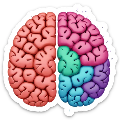 Un cerebro dividido a la mitad; el lado izquierdo está formado por puntos y ceros (0101), y el lado derecho por manchas de pintura de colores vibrantes. sticker