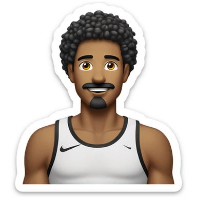 Homem, com expressão feliz, com cabelo arrepiado, piercing no nariz, olhos castanhos, bigode e cavanque, moletom preto da nike com capuz. sticker
