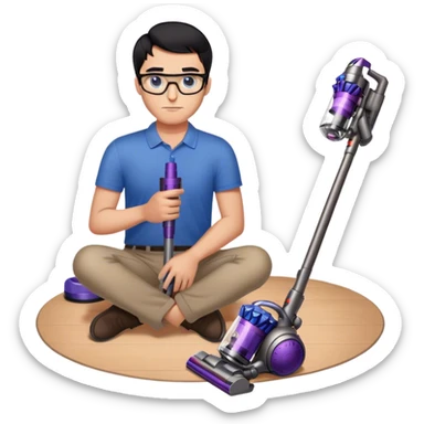 Man with black hair and blue eyes with glasses using Dyson wireless on the floor sticker