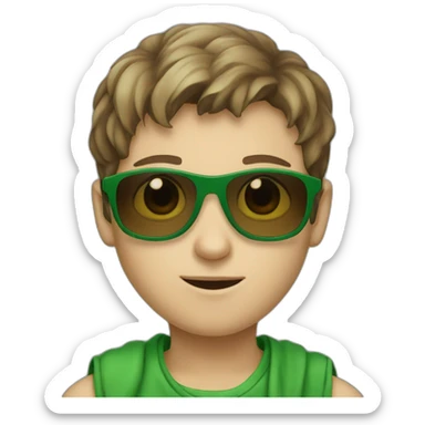 A young white boy with green cloth and green sunglasses with brown hair sticker