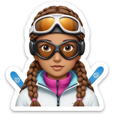 Girl with 2 braids, brown hair, skiing, wearing ski goggles, tan skin sticker