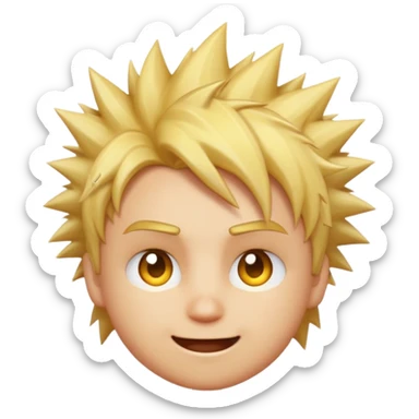 A spiky-haired golden blonde emoji face with a mischievous knowing grin, one raised eyebrow, and a tiny electric spark near the hair — indie game character style on a warm amber background. sticker