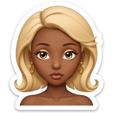 darkskin female with eyebrows that are naturally shaped and frame eyes well, eyes that are almond-shaped with defined lashes. nd lips are full with a defined cupid’s bow, add also a septum piercing that adds an edgy, stylish flair. a middle-part, honey blonde bust-down with laid baby hairs sticker