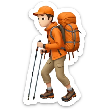 Hiker in orange jacket with backpack climbing mountain trail, minimalist design sticker