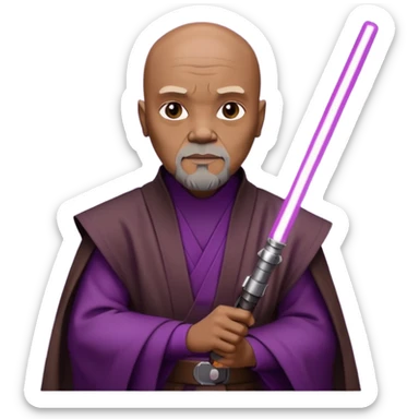 star wars master windu bald head, no facial hair, brown jedi outfit with purple lightsaber sticker