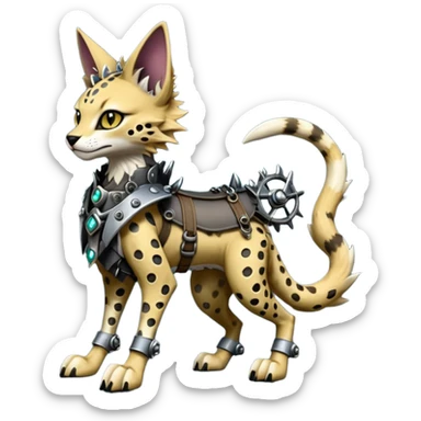 Epic complex detailed dark dusky gloomy deep gothic, realistic Fakémon-Sprigatito-Floragato-Meowscarada-Trico-Sergal-Serval-Vernid-creature (full body) with metal gears and metal knight collar sticker