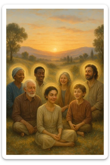 a diverse group of people of different ages and backgrounds sit together in a peaceful natural setting at sunrise, each with serene, joyful expressions. Subtle auras or soft light halos surround them, symbolizing spiritual awakening and inner harmony. The background features gentle hills, trees, and a glowing sky, evoking unity and connection. realistica italiano sticker