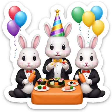 four bunnies together eating sushi at a birthday party, all four bunnies clearly visible, festive, colorful, party hats, birthday decorations, confetti, balloons, varied poses, emoji style sticker