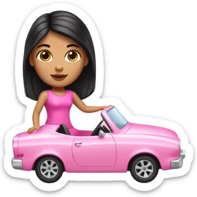 A light hispanic girl with black hair driving a pink barbie car sticker