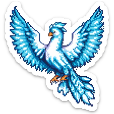 pixel art style ice phoenix, mid-flight, snowflake accents, blue and cyan palette, retro game look sticker
