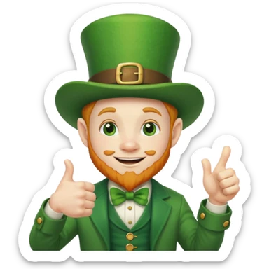 leprechaun looking up, and giving a thumbs up. on his left hand, he is holding his waist sticker