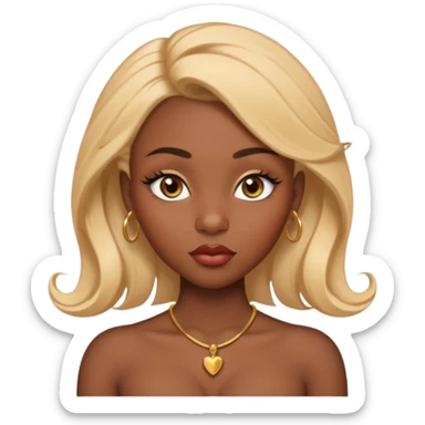 darkskin female with eyebrows that are naturally shaped and frame eyes well, eyes that are almond-shaped with defined lashes. nd lips are full with a defined cupid’s bow, add also a septum piercing that adds an edgy, stylish flair. a middle-part, honey blonde bust-down with laid baby hairs sticker
