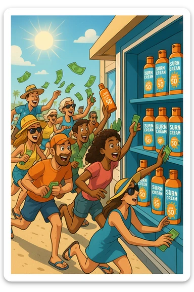 tante persone che corrono a comprare le creme solari sticker
