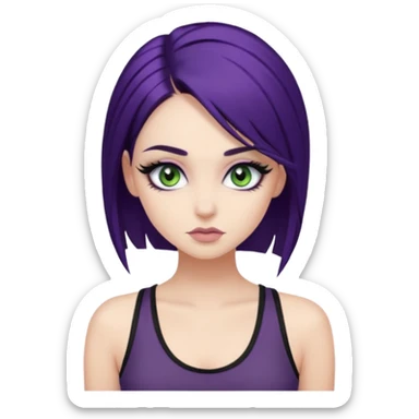 alternative girl with dark purple hair and big eyelashes, beautiful makeup and greenish grey eyes, straight eyebrows & wearing a low cut black tank top sticker