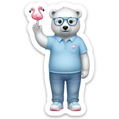 friendly anthropomorphised polar bear standing upright, chilled and unbothered, wearing a shirt, jeans, trainers, glasses decorated with small flamingo figures sticker