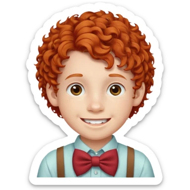 redhead kid with unique face features and very curly hair kid boy happy and braces on teeth, wearing a bow on head sticker