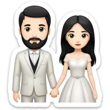 couple of newlyweds holding hands, white skin man with black hair and beard; white skin woman with long black hair and black eyes sticker