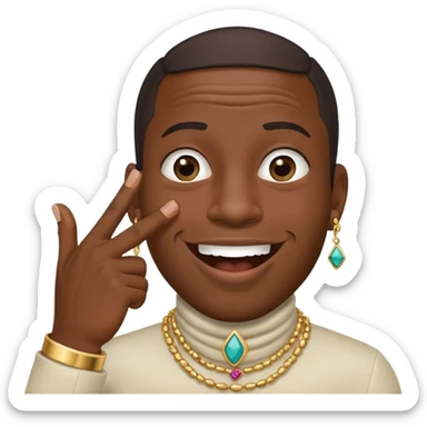 Giggling black man with jewelry covering his mouth with his right hand with one thumb and four fingers only sticker