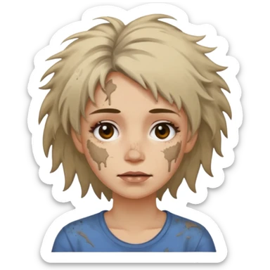 very dirty looking homeless woman very very dirty and smelly looking face only, not old with grey smudges everywhere and messy hair and lots of stains on face ugly and smudged face on forehead and chin sticker