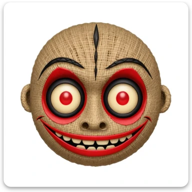 creepy voodoo face emoji with stitched mouth using rough black thread, one button eye, other eye a black X, large red pin piercing the head, soft glow outline, deep charcoal background with old fabric or burlap texture, slightly twisted smile, blending true crime, folklore, and occult themes sticker