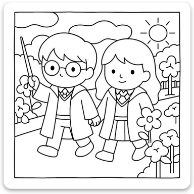Replace the two teddy bears with cute Harry Potter and Gina Weasley characters in the same simple line style and original background. Harry Potter should have his signature scar and Hogwarts robe, and Gina Weasley should have red hair and Hogwarts uniform. Maintain the cute style and simple line art consistent with the original references. sticker