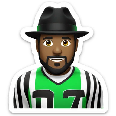guy with a black hat and black beard, wearing a green and white striped football kit, DJing sticker