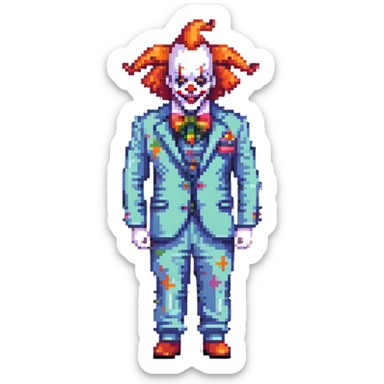 demonic clown wearing a leisure suit with accessories sticker