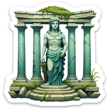 Simple Atlantis underwater ruins with a large sunken statue, fallen columns, broken domes, ancient Greek-style statue partially broken sticker